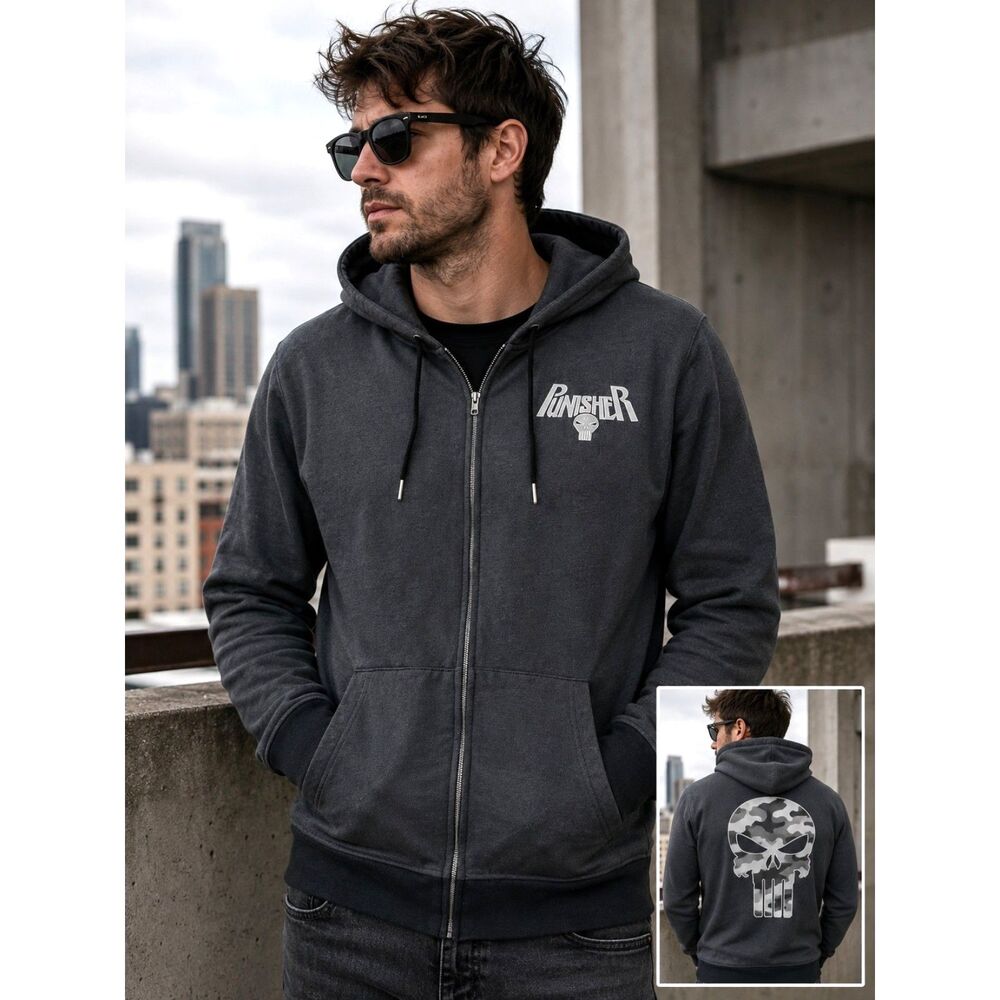 Marvel Punisher Zip Hoodie Gray Fleece Skull Graphic Men's Large